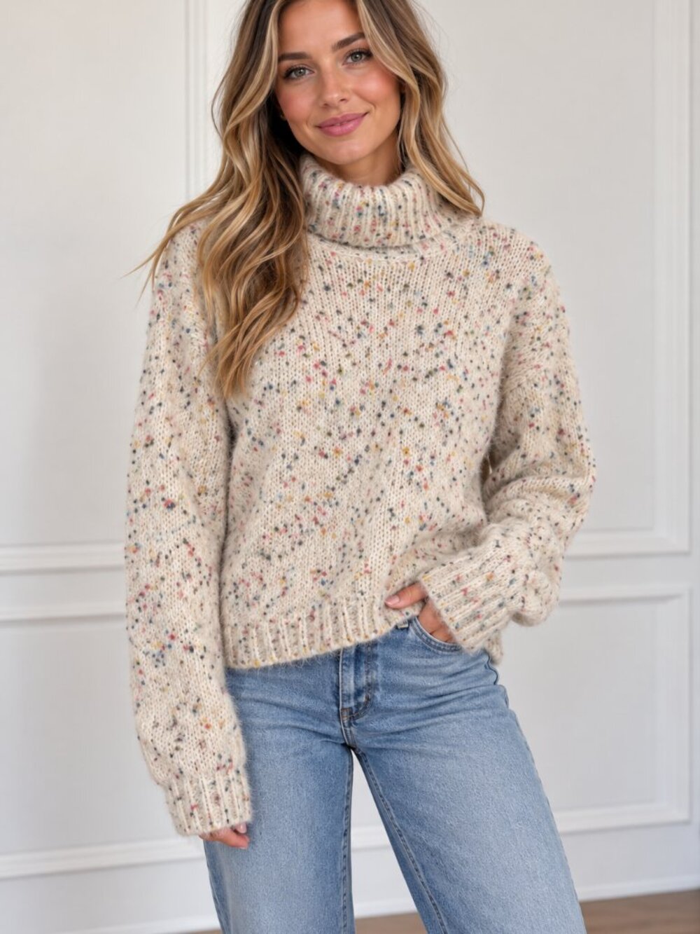 Cozy Ivory Speckled Turtleneck Sweater